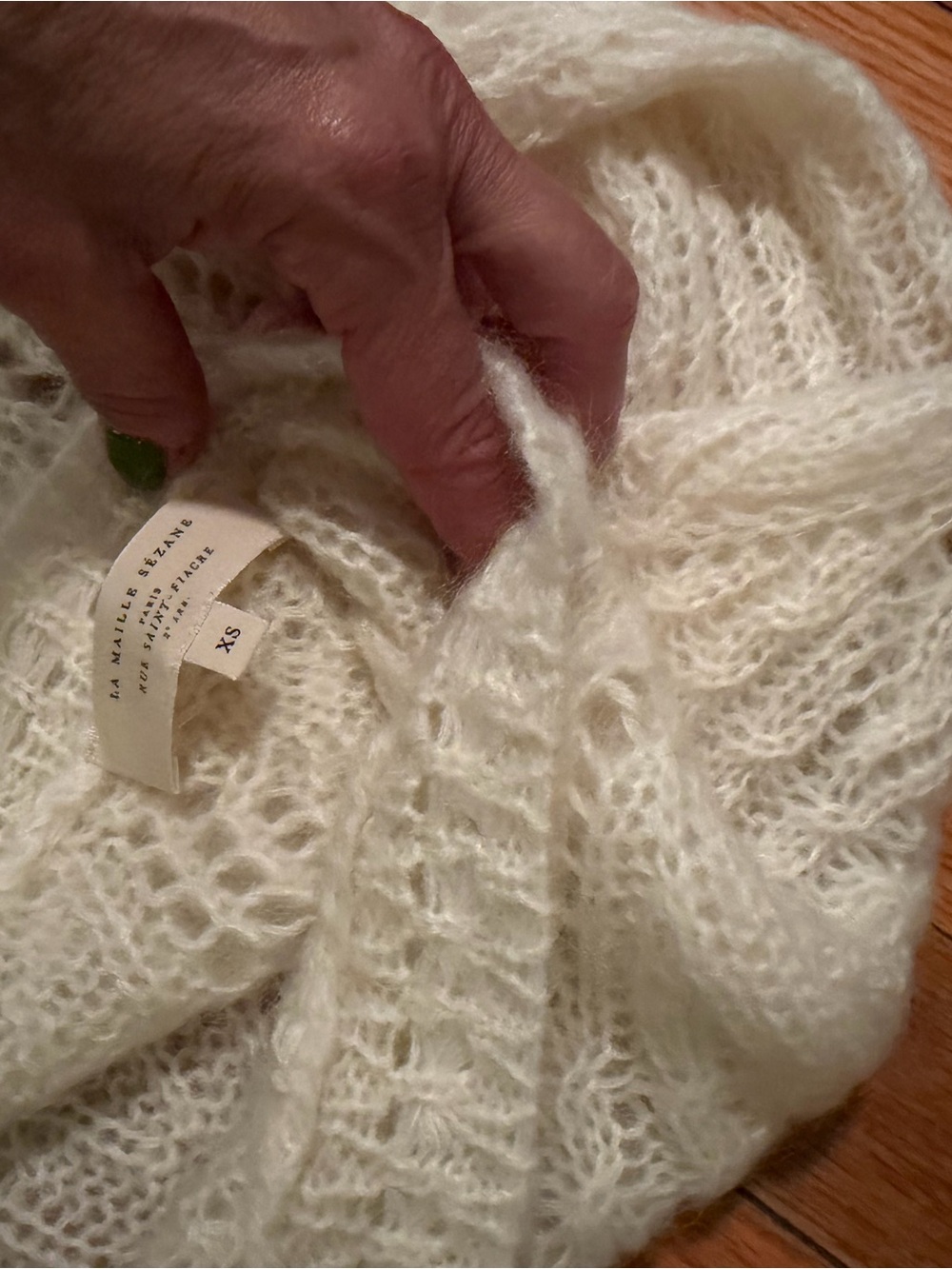 RARE**Sezane Cream Openwork Cable Knit, mohair, v-back Sweater - Picture 6 of 7